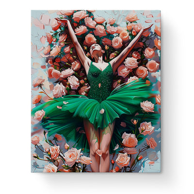 Emerald Ballet Bliss - a dancer in a vibrant green dress lying among pink roses, by miicreative. Discover mindfulness and creativity with this floral paint by numbers kit.