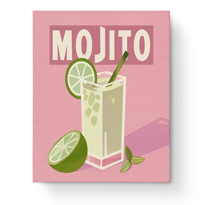 Mojito Bliss - Minimalistic by miicreative. A refreshing cocktail with lime and mint leaves against a pink background. Perfect for mindfulness and creativity.