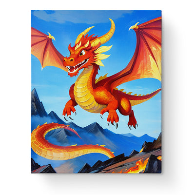 Fiery Dragon Adventure - Kids paint by numbers kit from miicreative. A vibrant red and orange dragon with fiery wings soaring over dark mountains, promoting creativity and mindfulness.