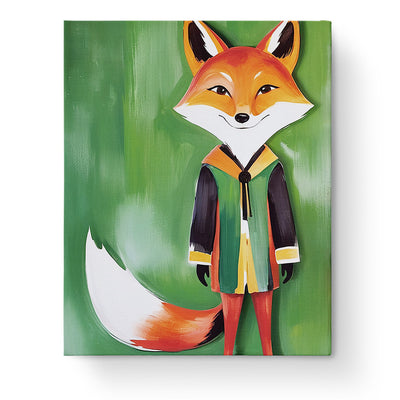 Friendly Fox Painting - Kids by miicreative. A bright orange fox with a cheerful expression stands against a serene green background, emphasizing creativity and mindfulness.