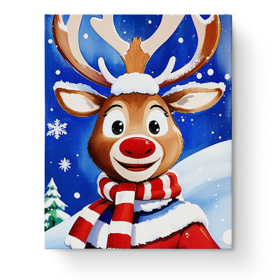 Cheerful Reindeer with Scarf - Kids by miicreative. A joyful reindeer with a red nose in a snowy scene. Ideal for mindfulness and creativity.