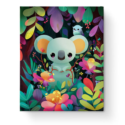 A colorful jungle scene featuring a cheerful koala in lush foliage. Jungle Koala Adventure - miicreative paint by numbers kit encourages mindfulness and creativity.